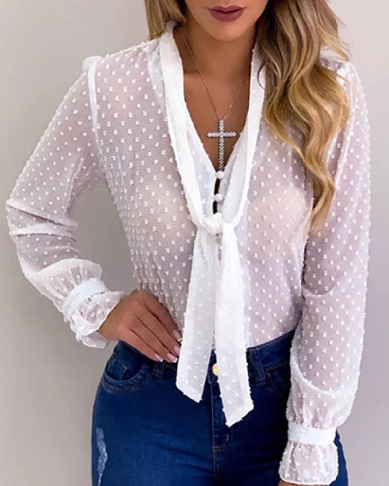 

Swiss Dot Button Design Tied Detail Top, White