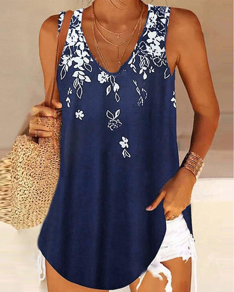 

Plants Print Casual Tank Top, Purplish blue