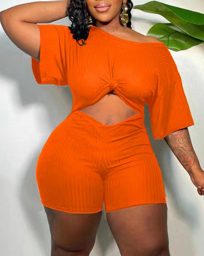 

Short Sleeve Cutout Front Ribbed Romper, Orange