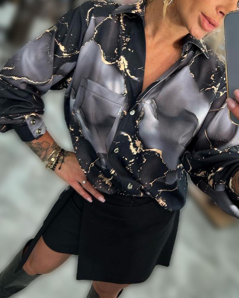 

Marble Print Long Sleeve Button Down Shirt, Black