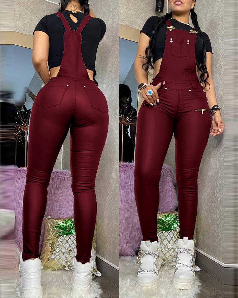 

Buckled Zipper Design Suspender Jumpsuit, Wine red