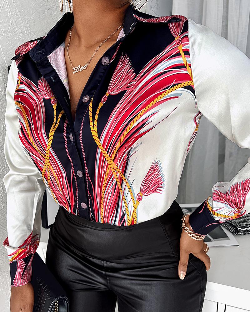 

Satin Graphic Print Long Sleeve Buttoned Shirt, Multicolor