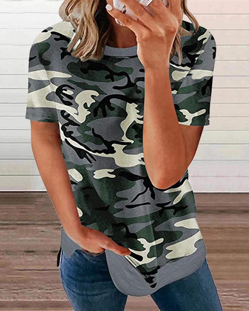 

Camouflage Print Round Neck Short Sleeve T-Shirt, Dark grey