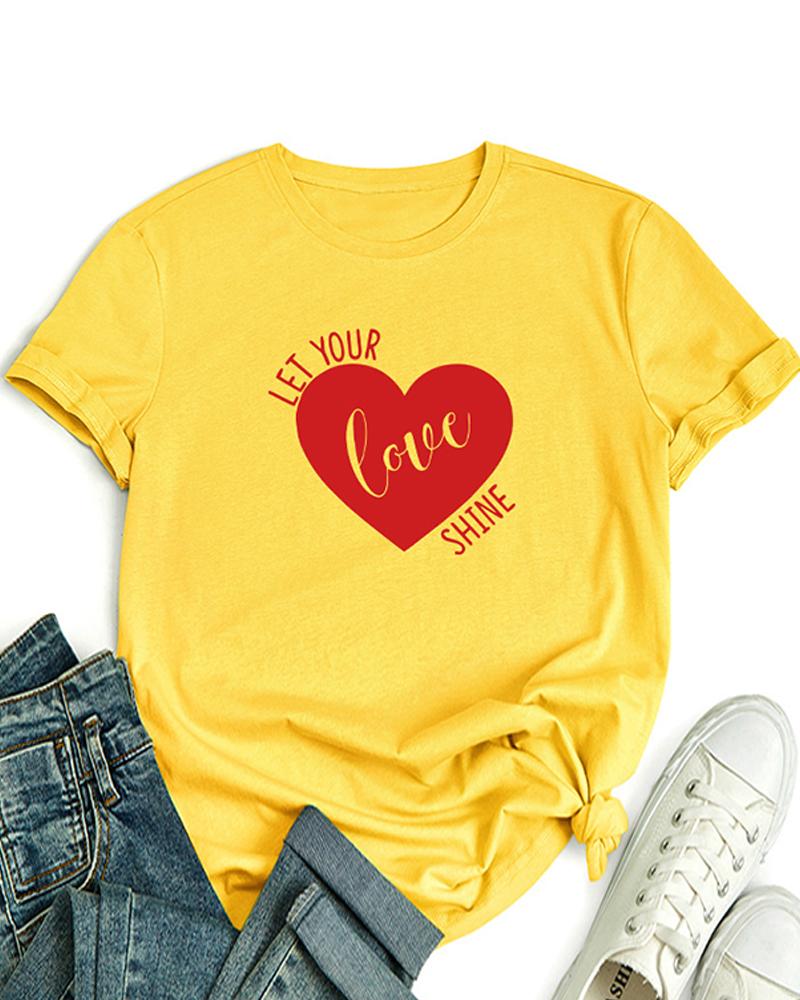 

Round Neck Letter Heart Print Cotton Basic Top, Yellow