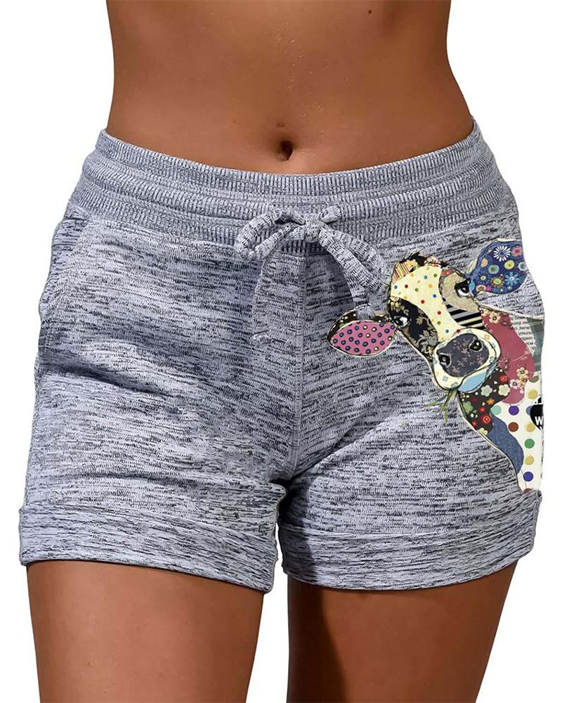 

Cartoon Animal Print Drawstring Active Shorts, Gray