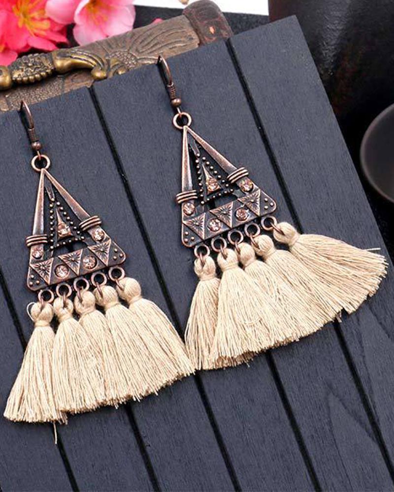 

1Pair Bohemian Ethnic Style Tribal Triangle Tassel Design Hook Earrings, Apricot