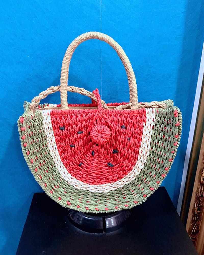 

Colorblock Half Watermelon Shaped Straw Bag, Red