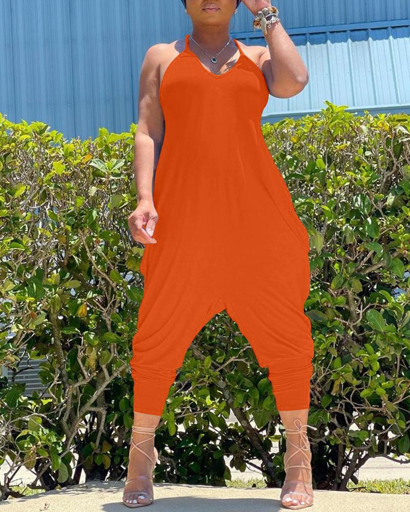 

Solid Color Halter Sleeveless Harem Jumpsuits, Orange