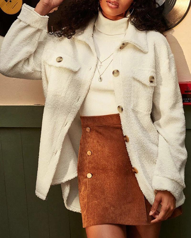 

Long Sleeve Buttoned Pocket Design Fluffy Shacket, White