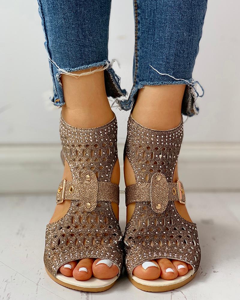 

Studded Hollow Out Peep Toe Buckled Sandals, Gold