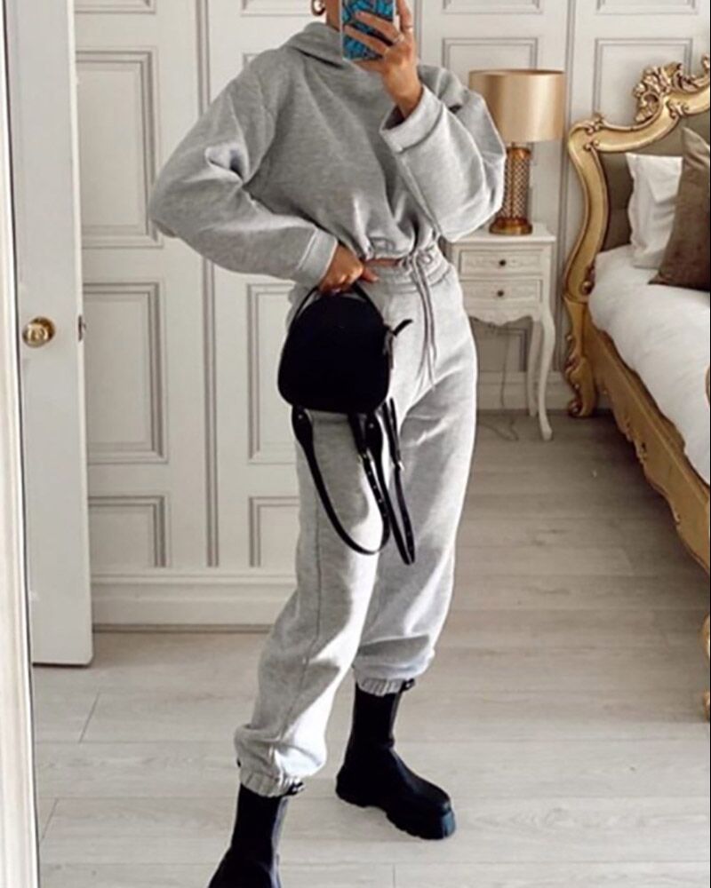 

Drawstring Hooded Crop Sweatshirt & Pocket Design Pants Set, Gray