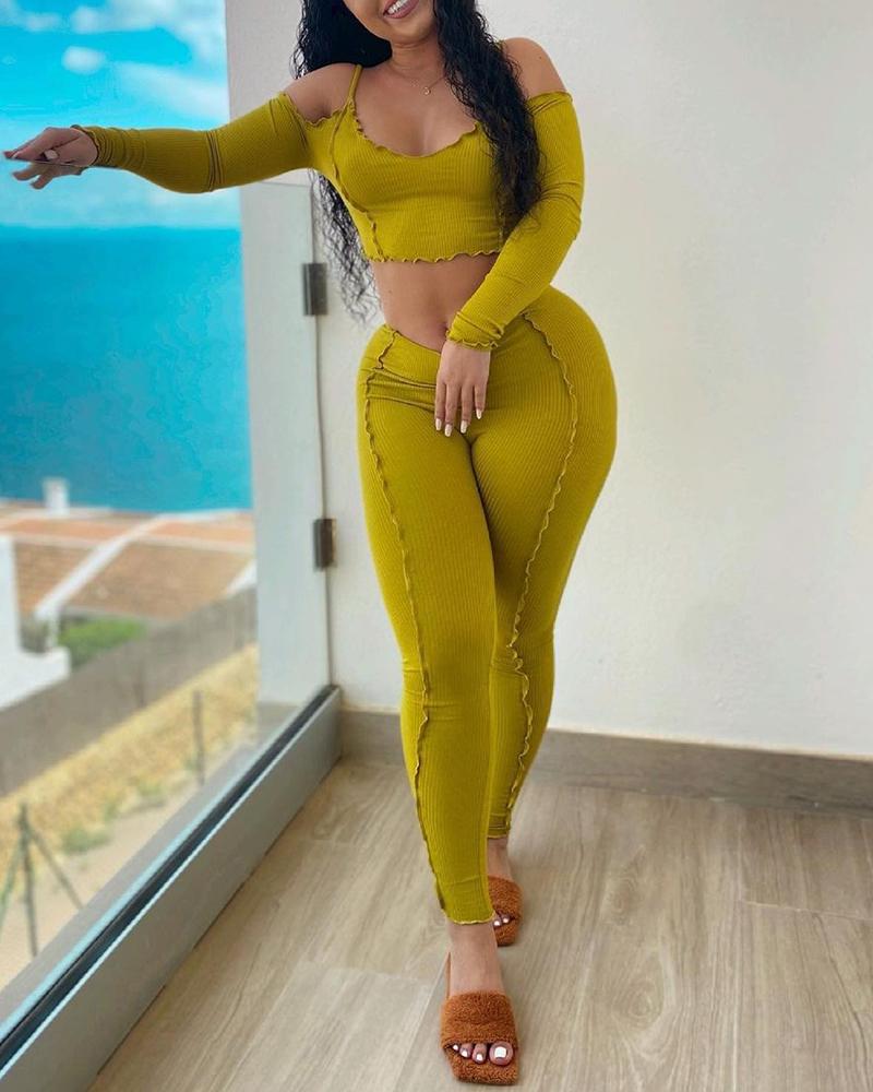 

Cold Shoulder Crop Top & High Waist Pants Set, Yellow
