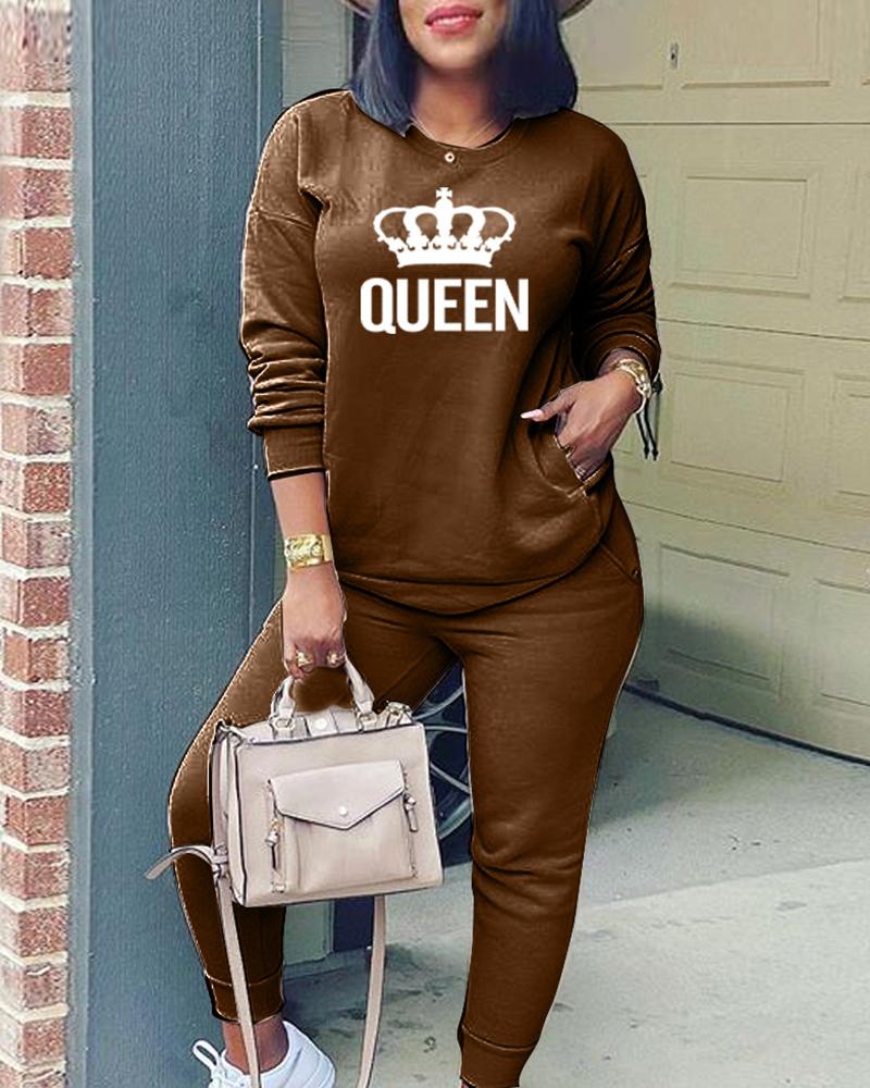 

Crown Letter Print Pocket Design Top & Pants Set, Coffee