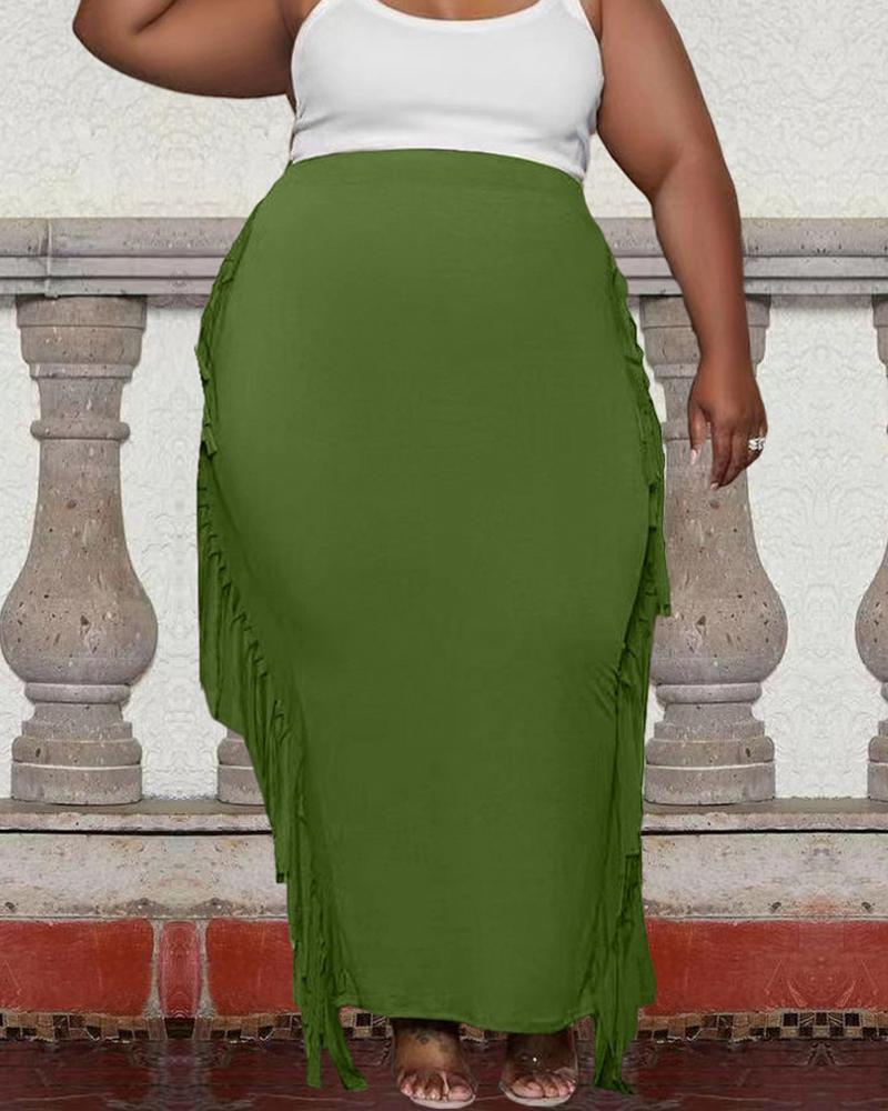 

Plus Size Tassel Trim High Waist Maxi Skirt, Green