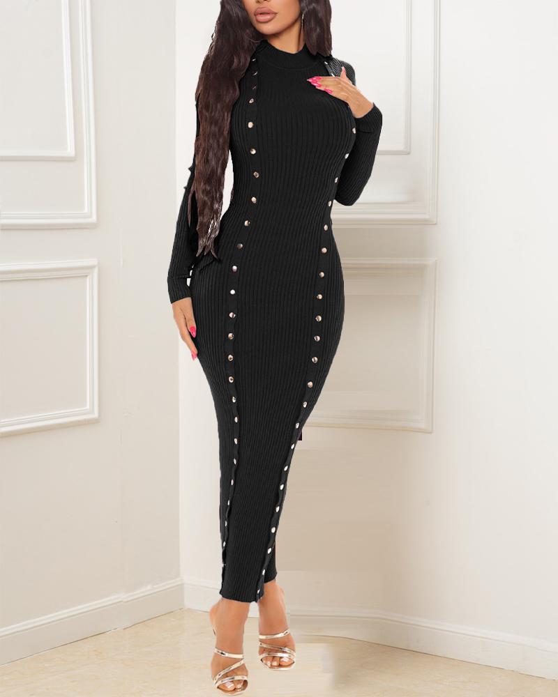 

Ribbed Double Breasted Skinny Maxi Dress, Black