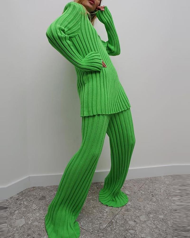 

High Neck Frill Hem Ribbed Sweater & Pants Set, Green