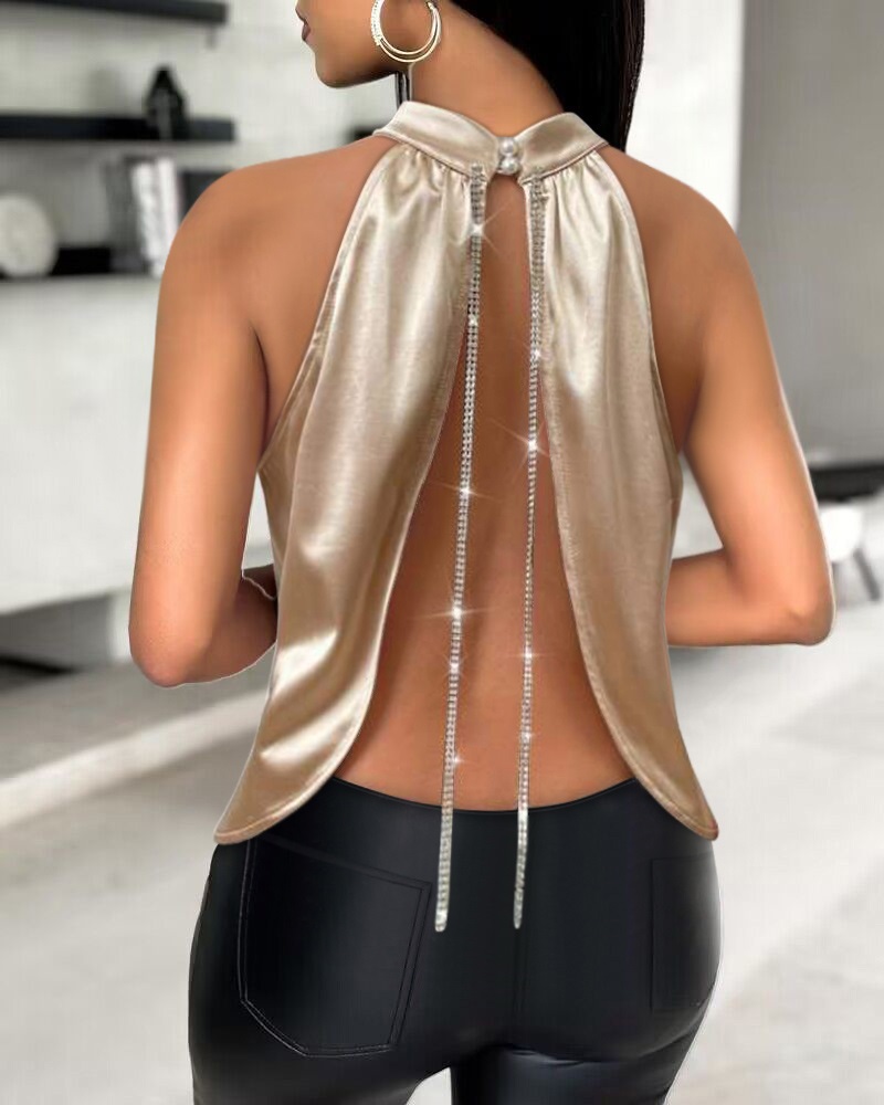 

Chain Decor Backless Metallic Tank Top, Champagne