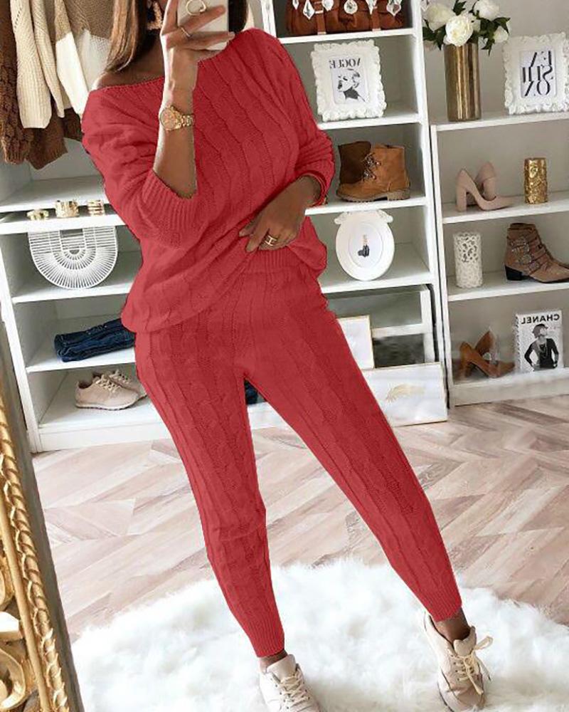 

Long Sleeve Knit Braided Sweater & High Waist Pants Set, Red