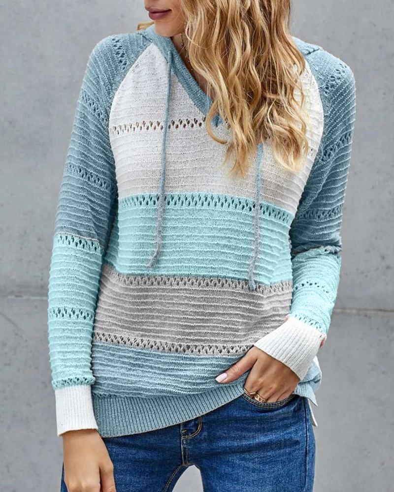 

Knit Colorblock Hollow Out Hooded Sweater, Lighted blue