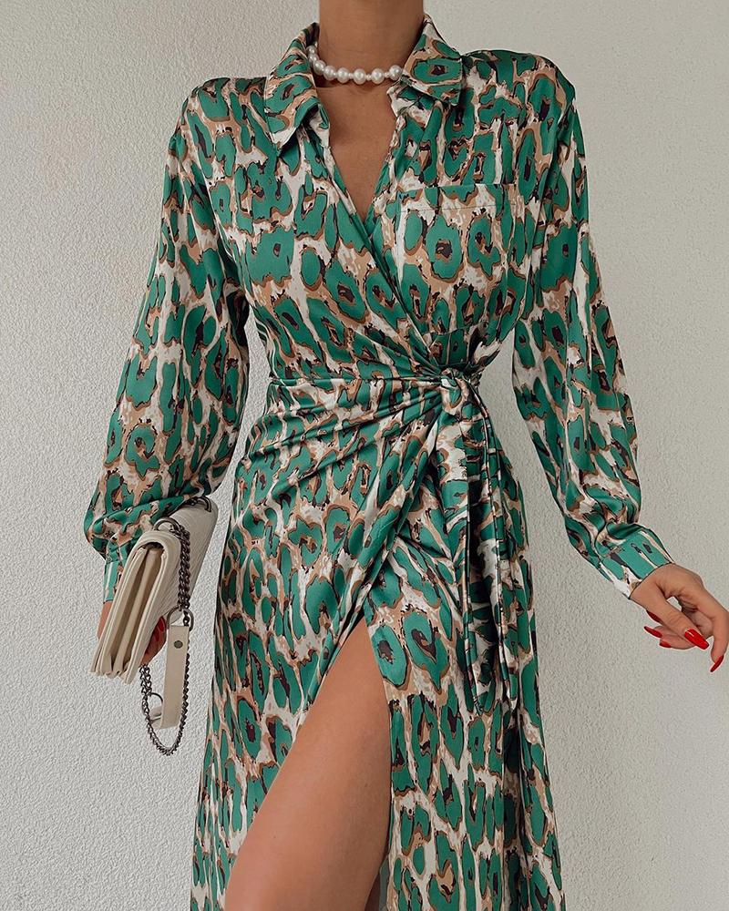 

Pocket Design Marble Print Slit Dress, Green