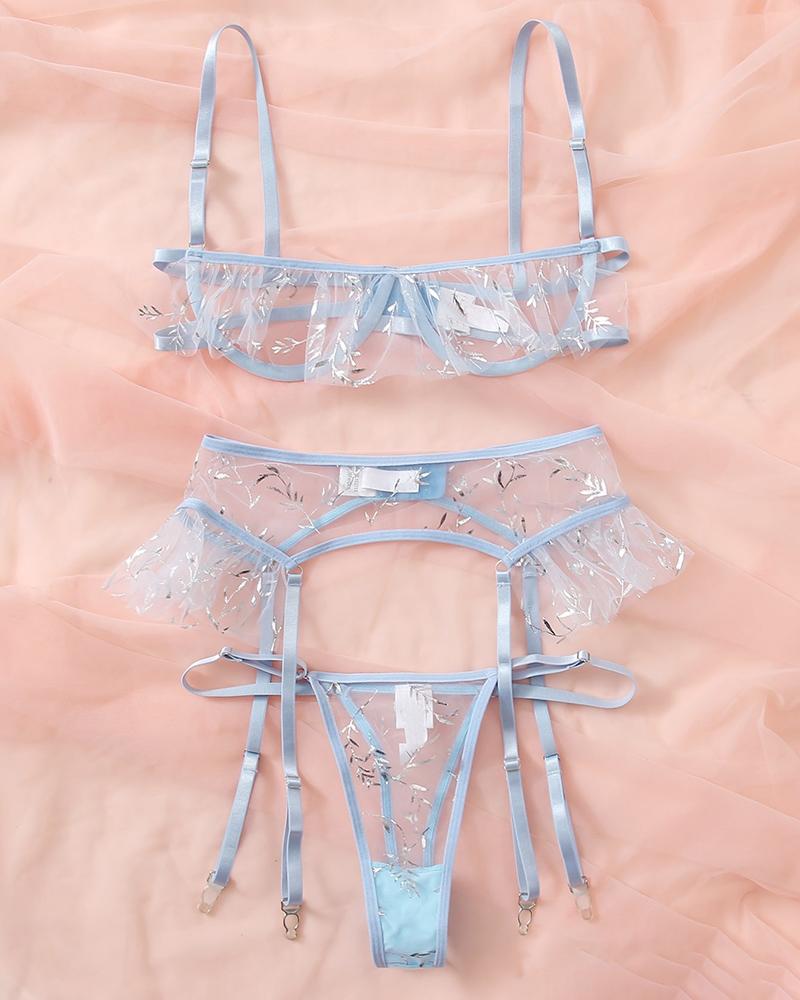 

Leaf Pattern Sheer Mesh Garter Lingerie Set, Blue