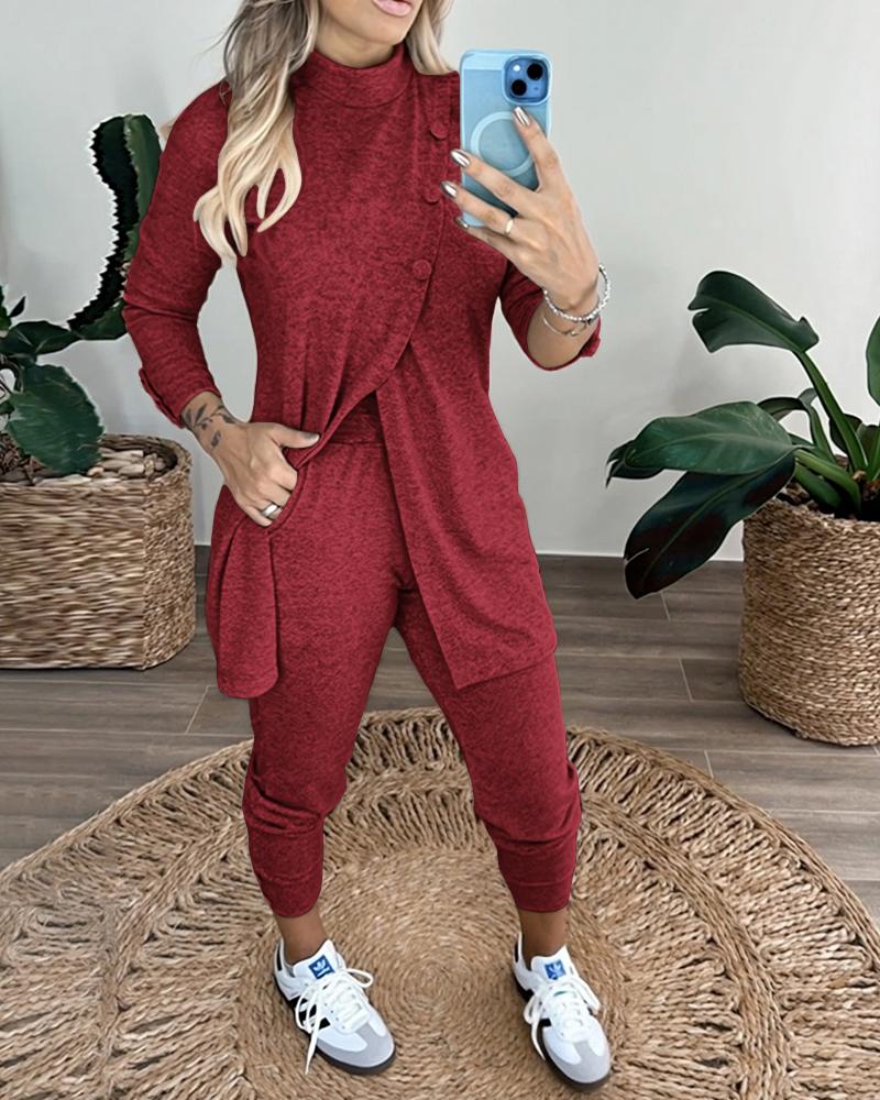 

Conjunto de 2 piezas con cuello alto, manga larga, botones decorativos, top de largo medio con abertura y pantalones ajustados de cintura alta con cordón elástico, Wine red