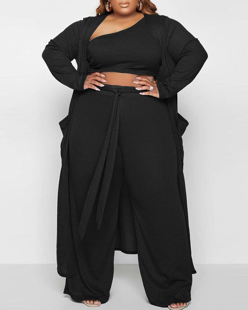 

Plus Size One Shoulder Crop Top & Drawstring Pants Set With Longline Coat, Black