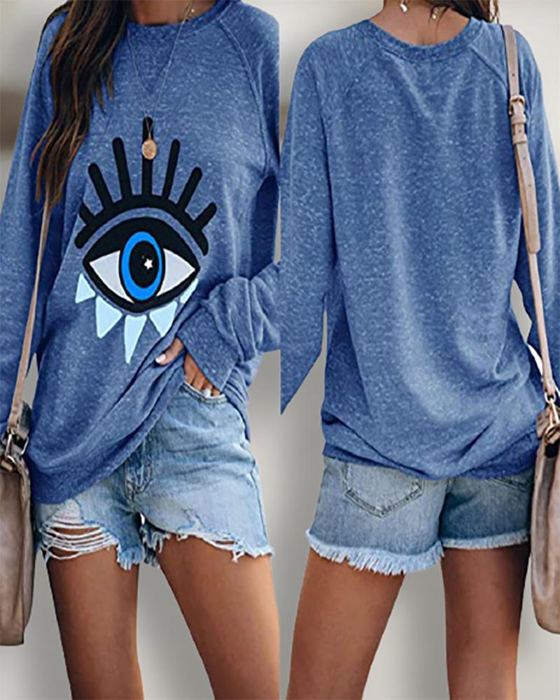 

Halloween Long Sleeve One Eye Print O Neck Sweatshirt, Blue