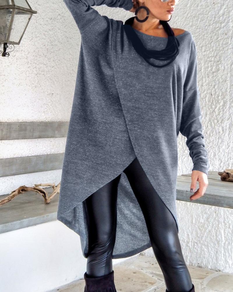 Buy Slit Long Sleeve Dip Hem Top. Picture