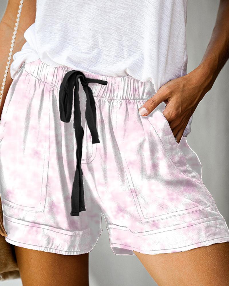 

Tie Dye Print Drawstring Casual Shorts, Light pink