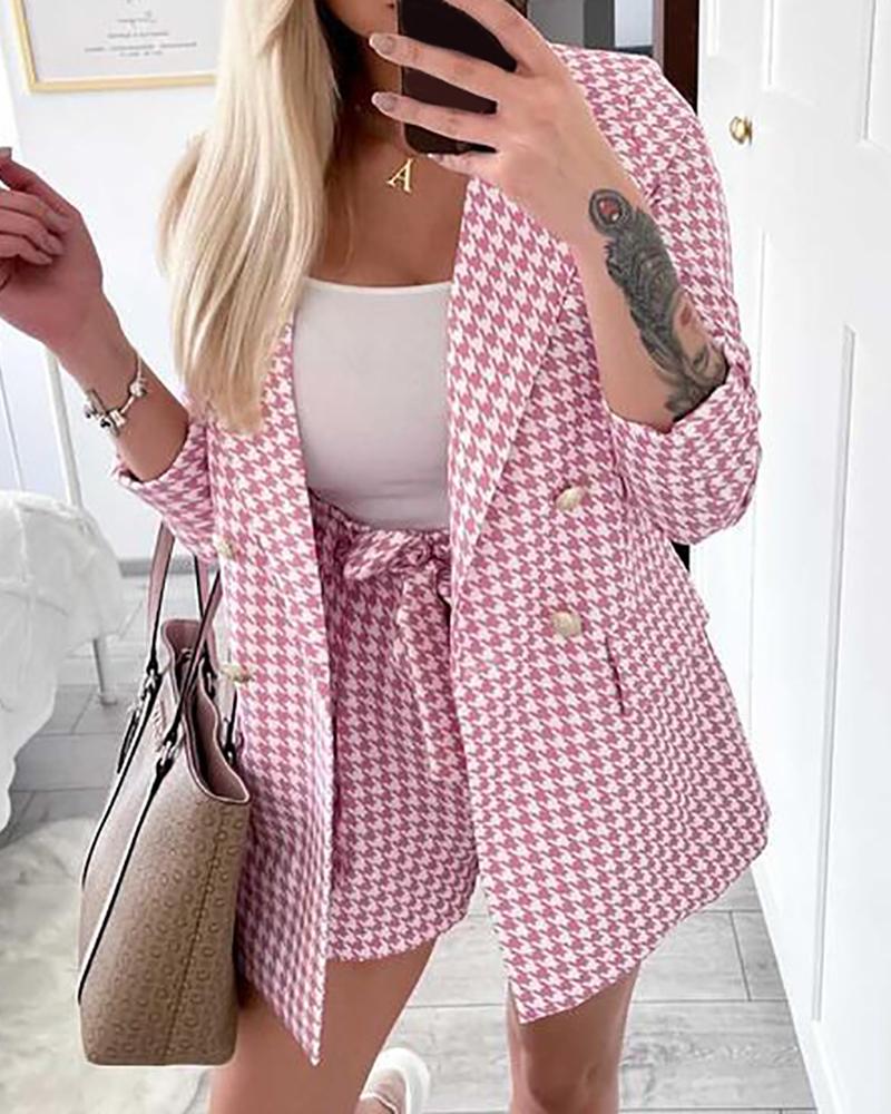 

Houndstooth Print Blazer Coat & Tied Detail Shorts Set, Pink