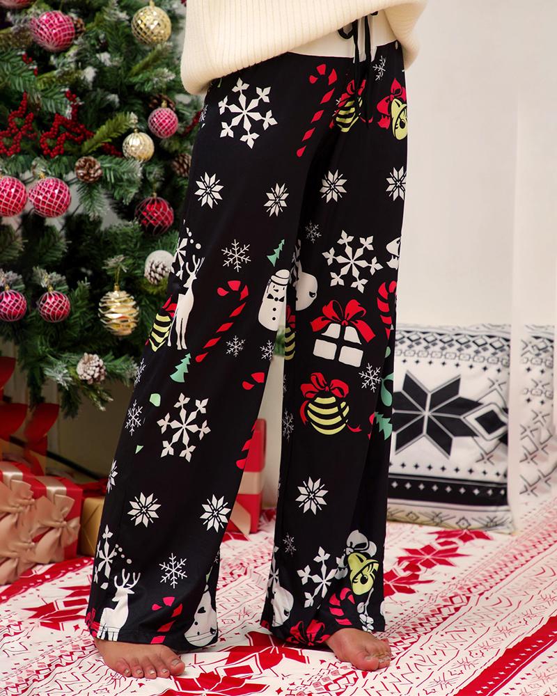 

Christmas Mixed Print Drawstring Wide Leg Pants, Black