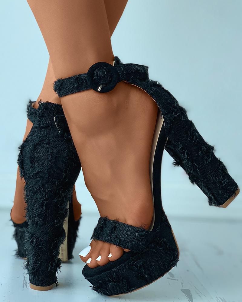 

Fluffy Peep Toe Ankle Strap Chunky Heels, Black