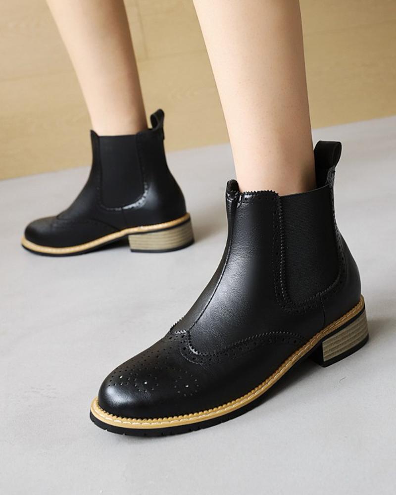 

Womens Vintage Round Toe Low Heel Patchwork Chelsea Boots, Black