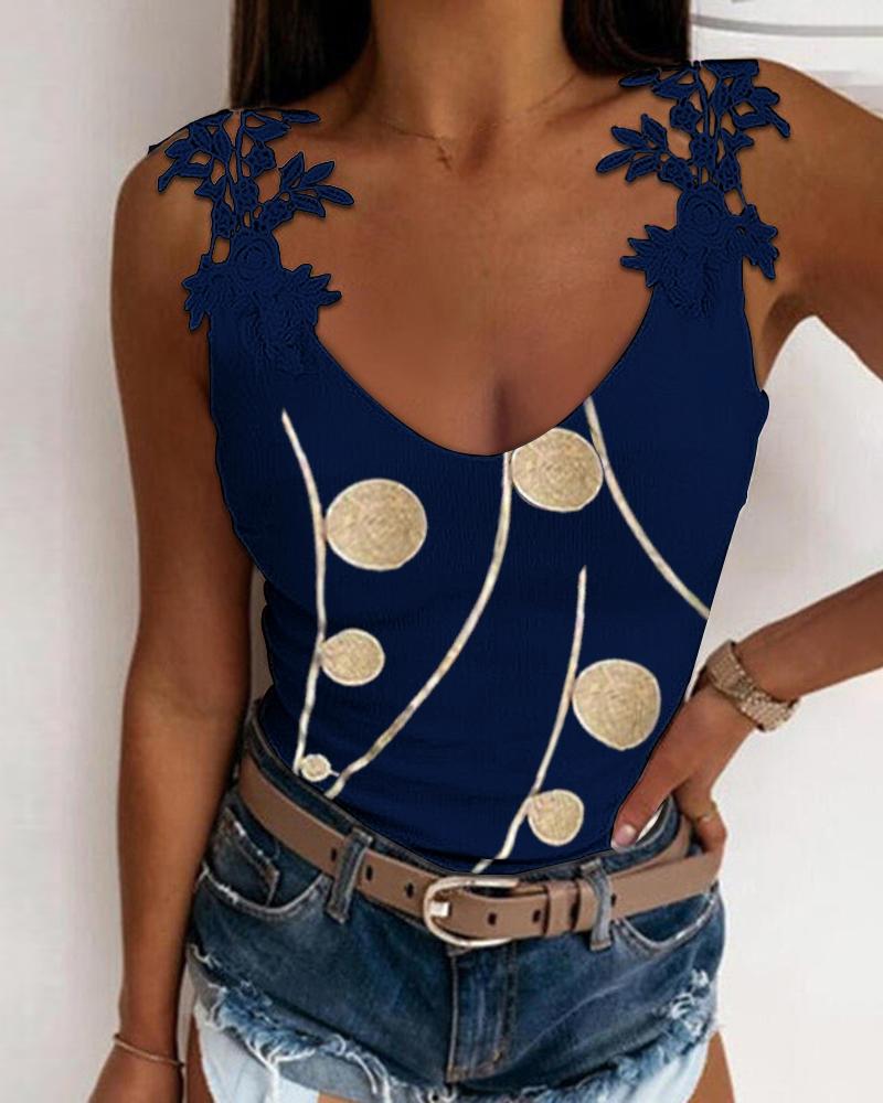 

Graphic Print Contrast Lace V-Neck Tank Top, Dark blue