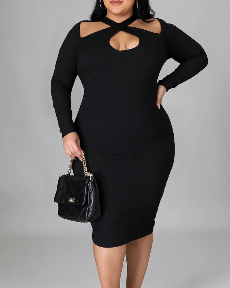 

Plus Size Ribbed Cutout Long Sleeve Work Dress, Black