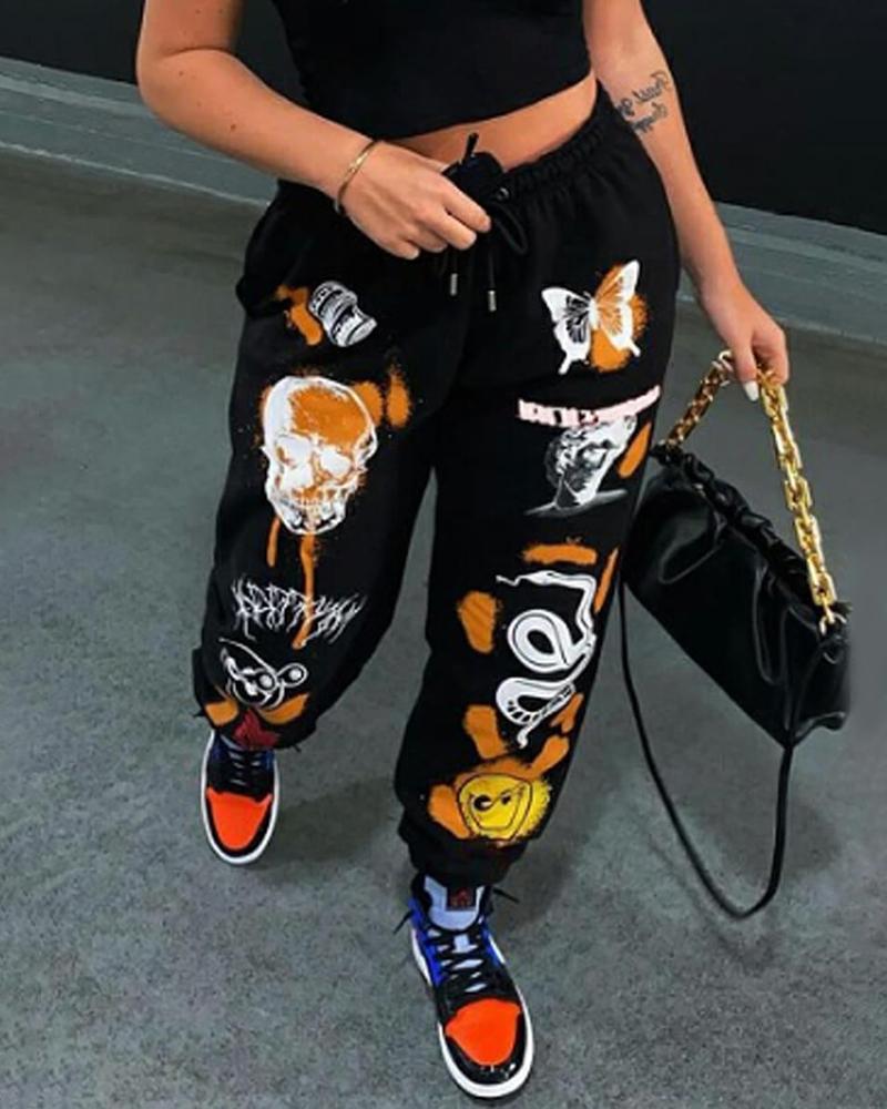 

Letter Graphic Print Drawstring Casual Pants, Black