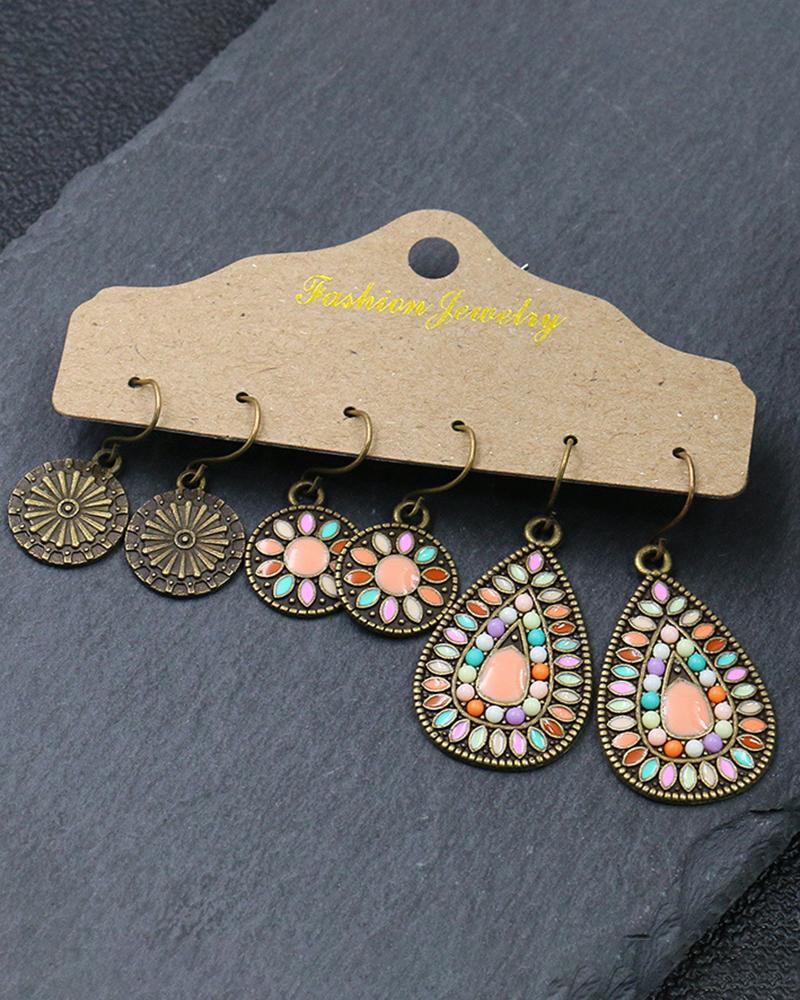 

3 Pairs Bohemian Geometric Vintage Earrings Set, Pink