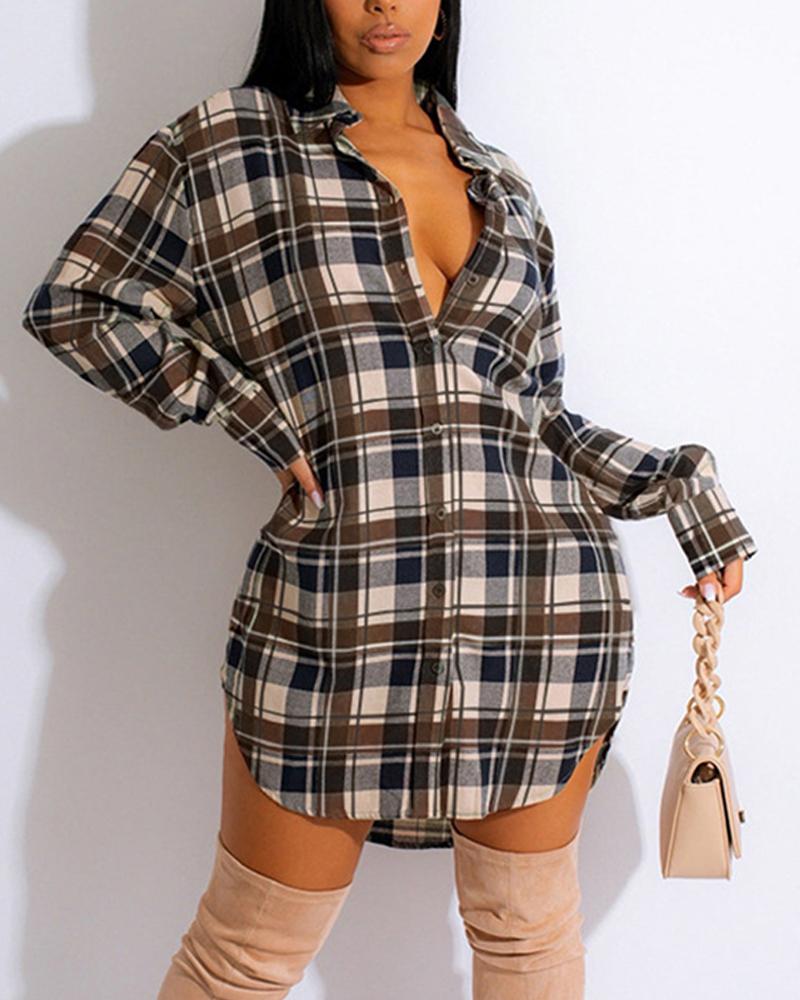 

Plaid Print Long Sleeve Button Down Shirt Dress, Coffee
