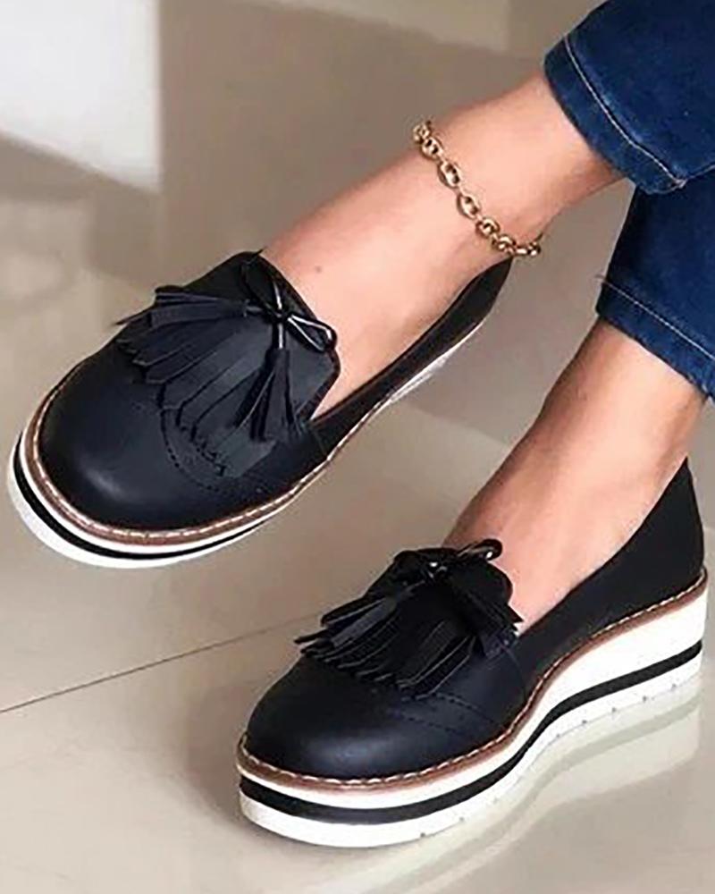 

Bowknot Tassel Design Slip On Muffin Loafers, Black
