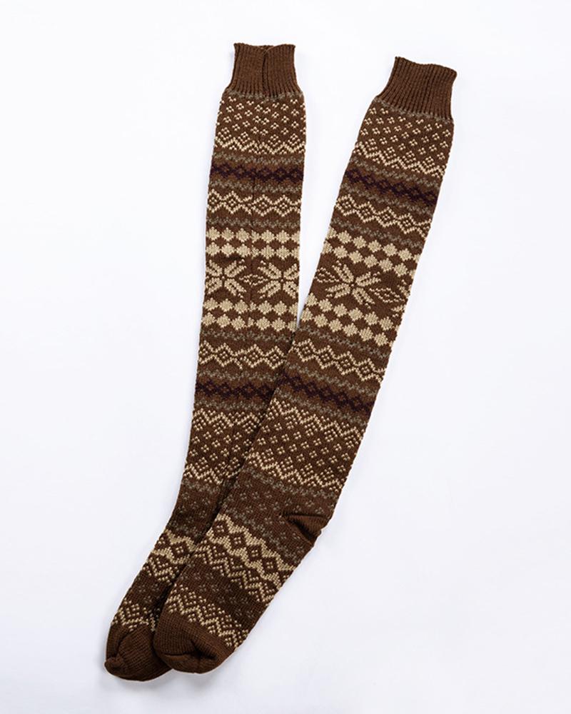 

Christmas Patterns Knitted Over-Knee Socks, Coffee
