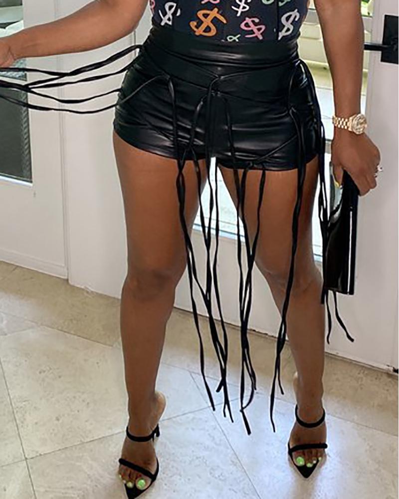 

Strap Decor High Waist PU Leather Shorts, Black