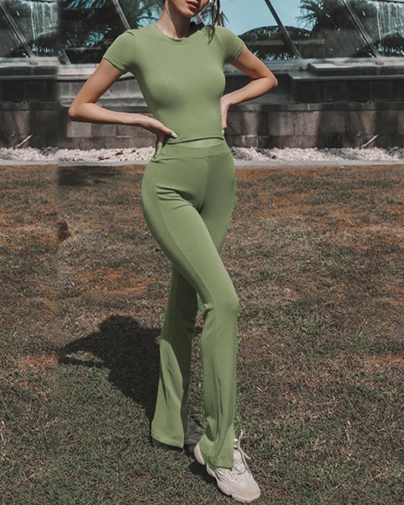 

Backless Lace-up Crop Top & High Waist Skinny Pants Set, Green