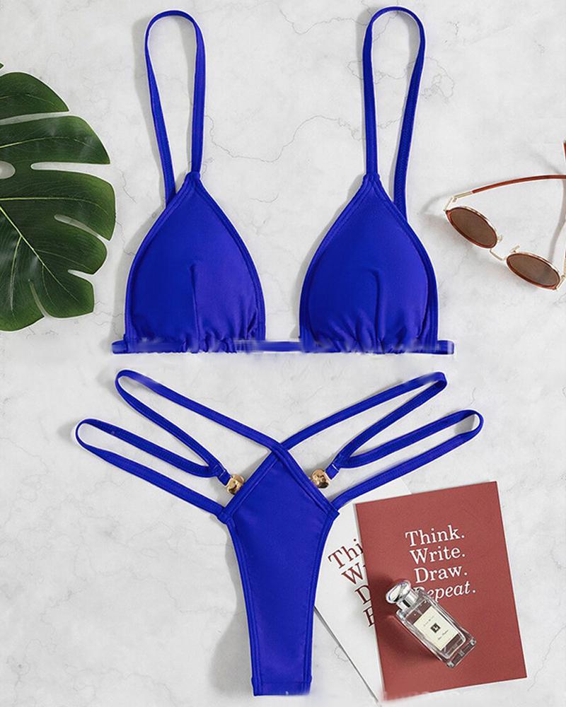 

Rhinestone Decor Cutout Tied Detail Bikini Set, Blue