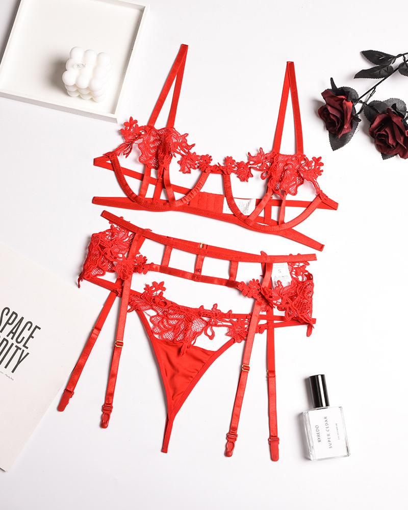 

Cut-Out Floral Lace Garter Lingerie Set, Red