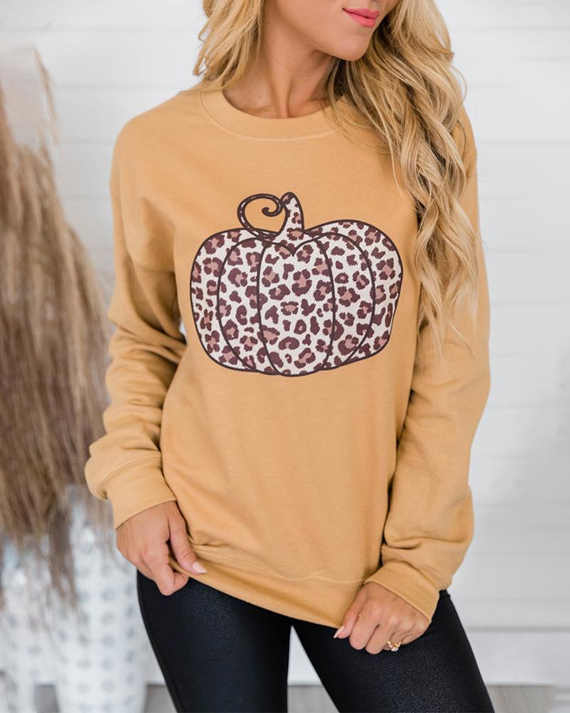 

Cheetah Pumpkin Pattern Print Long Sleeve Top, Yellow