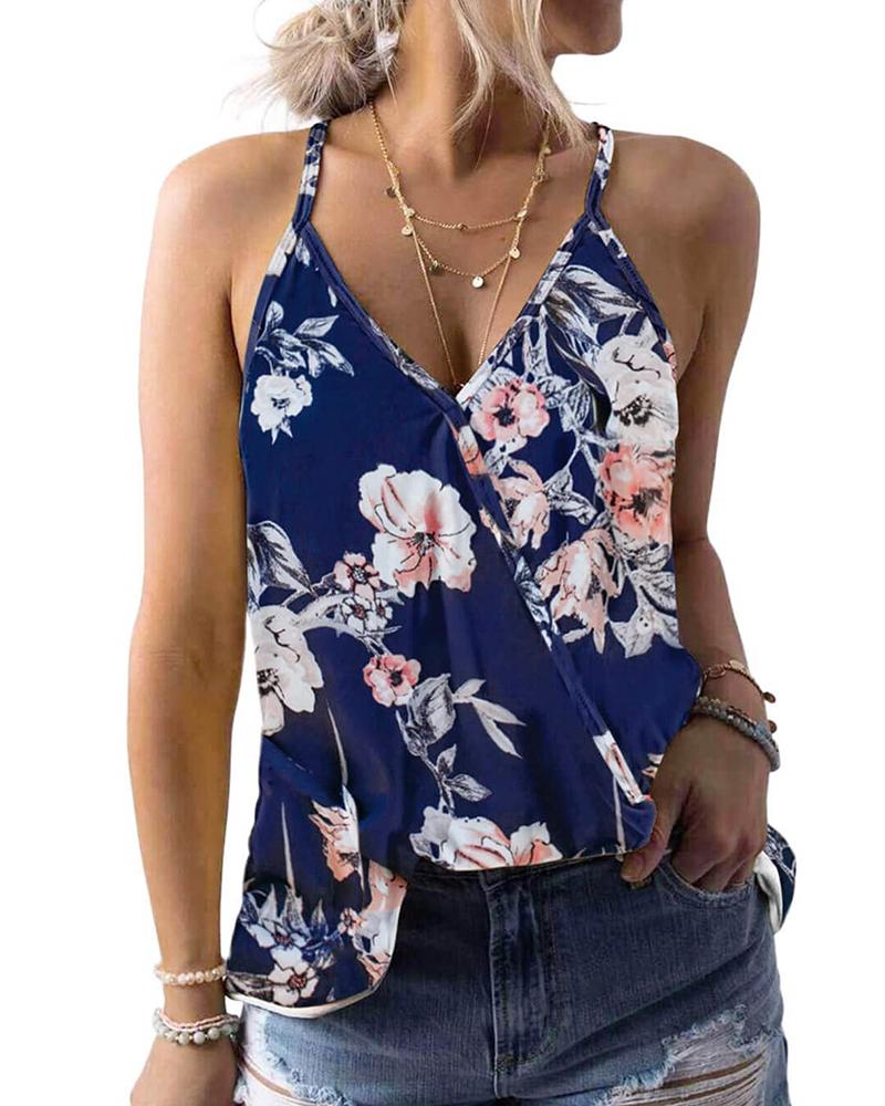

Spaghetti Strap Floral Print Top, Purplish blue