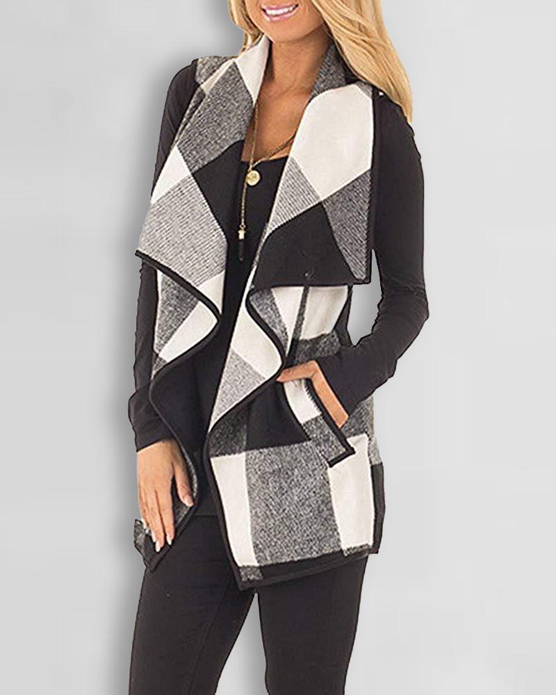 

Plaid Print Pocket Detail Waterfall Vest Coat, Black