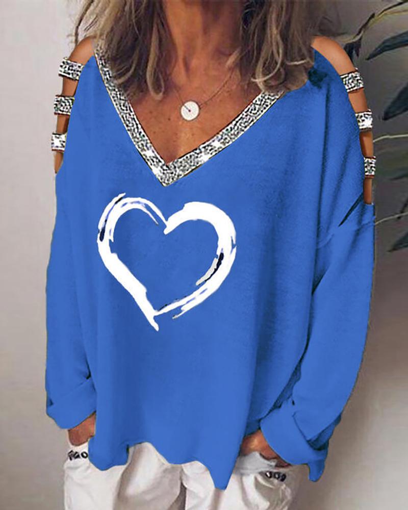 

Heart Print Studded Long Sleeve Top, Blue