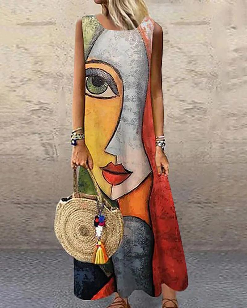 

Figure Print Casual Maxi Dress, Orange